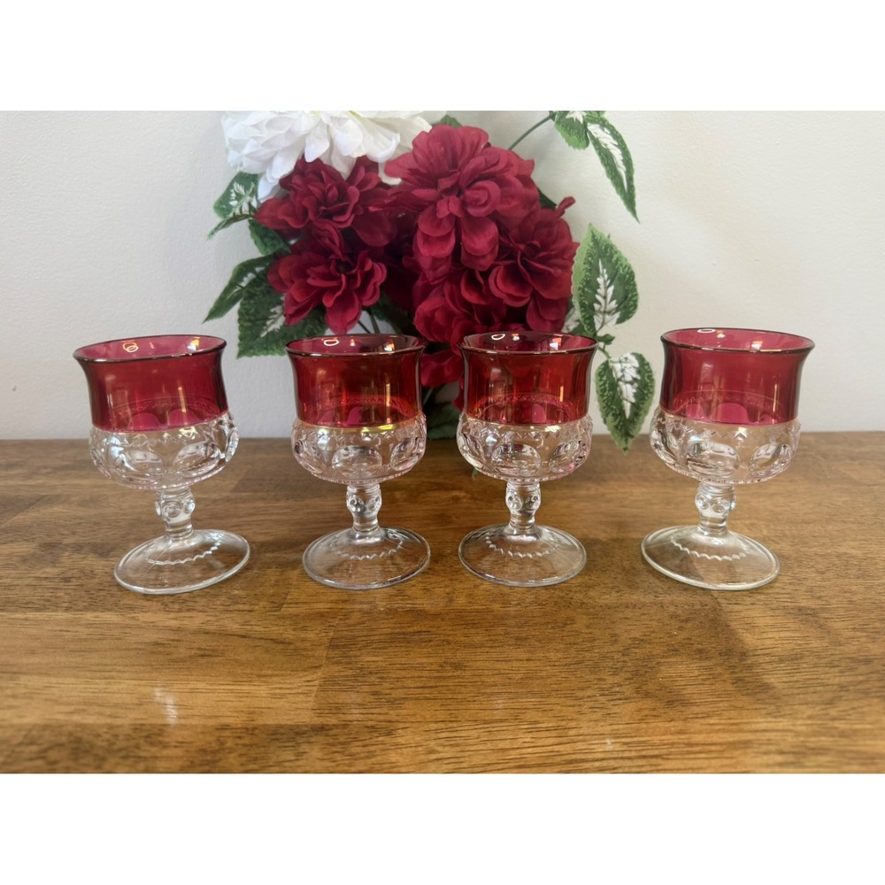 Vintage Ruby Flash Kings Crown Thumbprint Cocktail Goblets Holiday Barware MCM